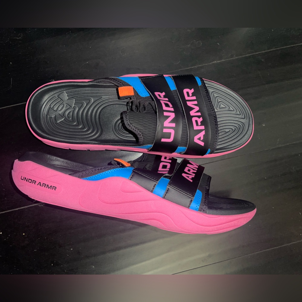 Under Armour Black and Pink Slides with Blue Accents